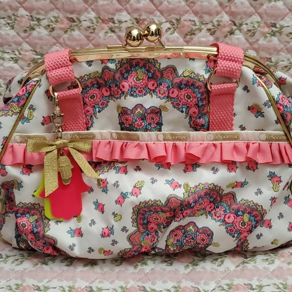 Lesportsac | Bags | Lesportsac Manoush Pink Ruffle Floral Bag Gold